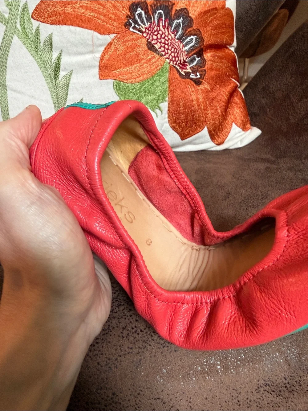 POPPY TIEKS LEATHER BALLET FLATS FOLDABLE VIBRANT RED’ISH ORANGE CORAL SZ 8 EUC